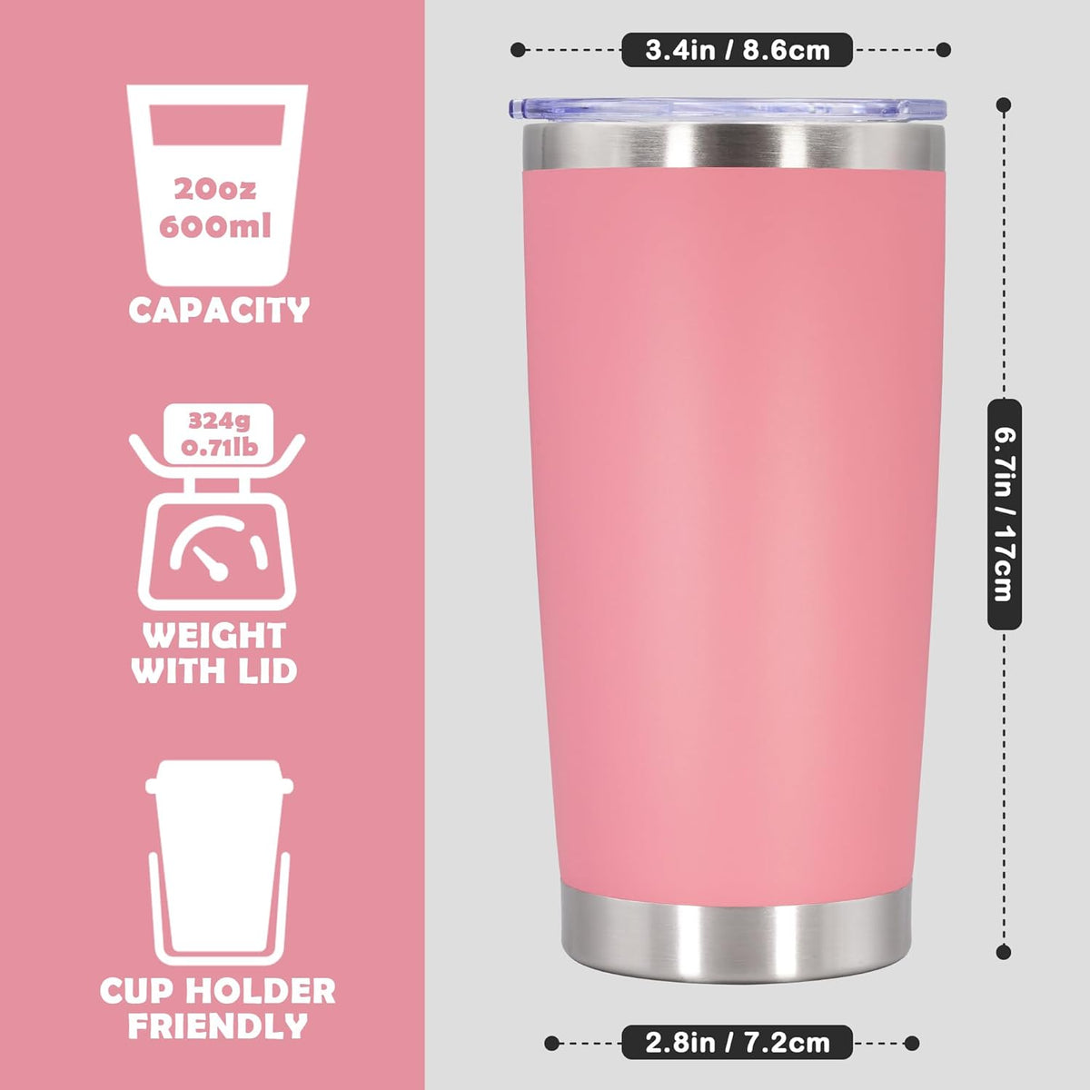 20oz Tumbler Stainless Steel Tumbler Cup with Lid Vacuum Insulated Double Wall Travel Mug, Durable Powder Coated Travel Coffee Tumbler Mug for Hot & Cold Drinks, Pink,1 Pack