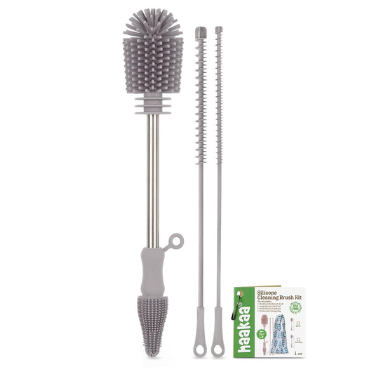 haakaa Silicone Cleaning Brush Kit - SUVA Grey - Bottle Brush for Breast Pumps, Breast Milk Collector, Baby Bottles,