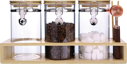 Glass Coffee Storage Containers with Bamboo Shelf,Ground Coffee Holder Jars,Airtight Glass Countertop Storage Jar Canisters