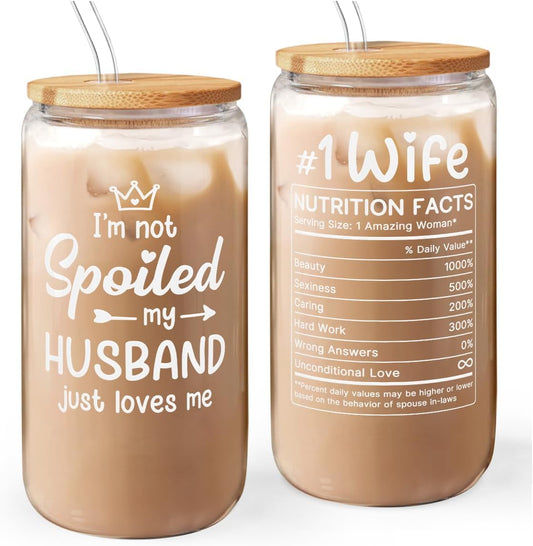 Wife 16 Oz Can Glass Tumbler with Bamboo Lid and Straw - Iced Coffee Cups for Women, Aesthetic Glass Cup Gift for Birthday