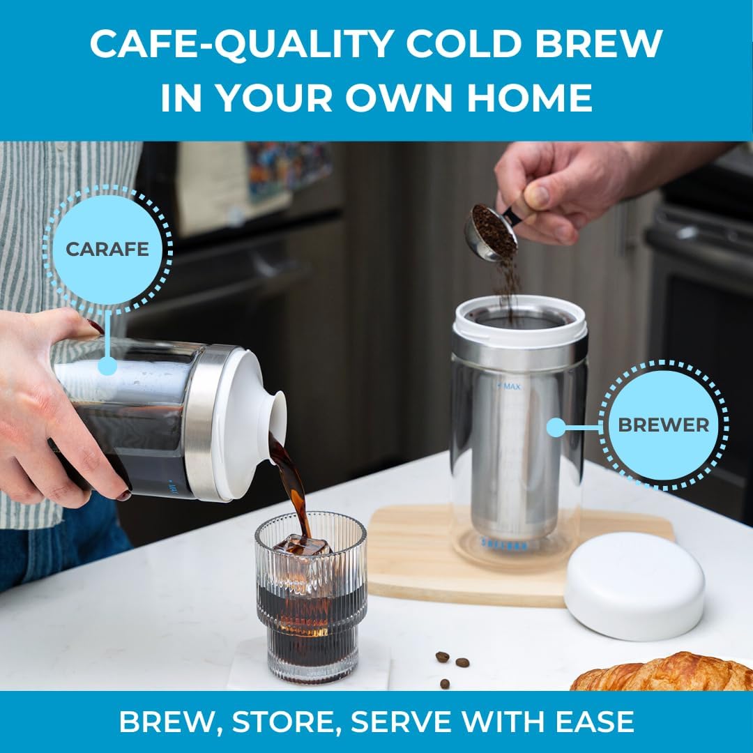 The Complete System – Cold Brew Coffee Kit with Smart Bean Canister, Stainless Steel Sifter & 500ml Dual-Filter Brewer/Carafe – Store, Sift