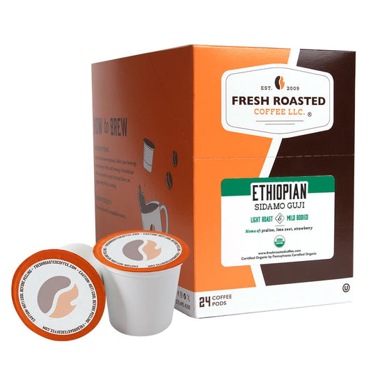 Fresh Roasted Coffee, Organic Ethiopian Sidamo Natural | USDA Organic, 100% Single Origin, Kosher | Light Roast 24 Pods for