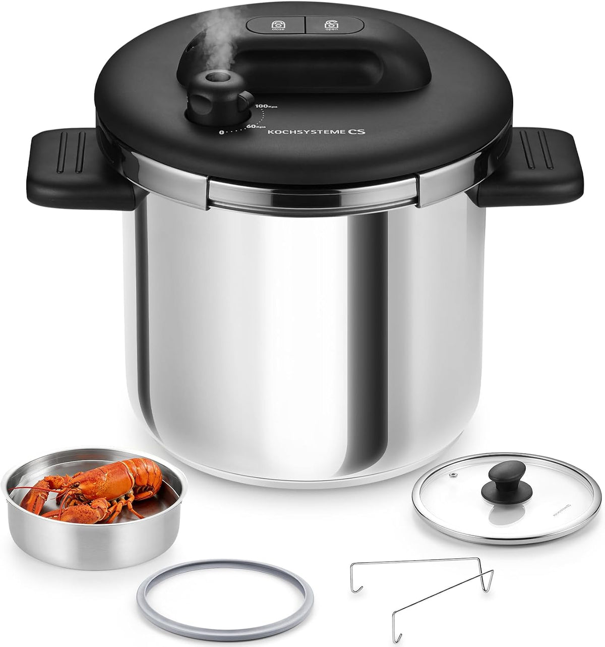 KOCH SYSTEME CS Stainless Steel Pressure Cooker 8.5 Quart, Olla de Presion, 3 PSI Settings, 18/10 Stainless Steel Pressure Cooker, One-Press Lock Pressure Cookers, Induction Ready, Glass Lid & Steamer