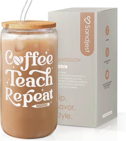 SANDJEST Teacher Glass Can, Coffee Teach Repeat Cup, Coffee Aesthetic Cups, Gift for Christmas Thanksgiving Birthday Teacher