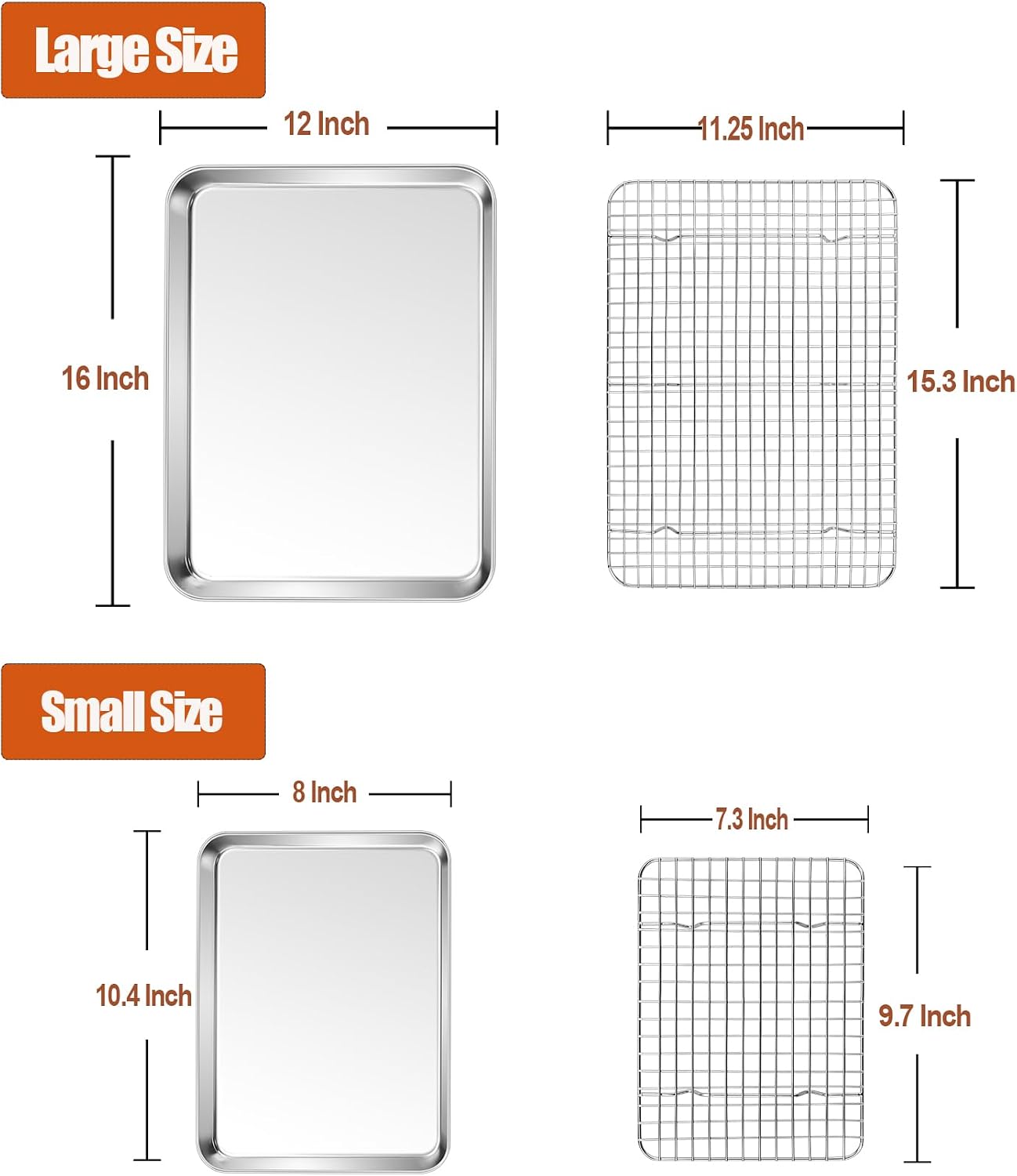 P&amp;P CHEF 16 + 10.4 Inch Baking Sheet Pan and Cooking Rack - 4 Pieces | 2x Cookie Sheet + 2x Grid Rack, Stainless Steel Oven Tray with Wire Rack for Oven Baking, Healthy &amp; Sturdy &amp; Easy to Clean
