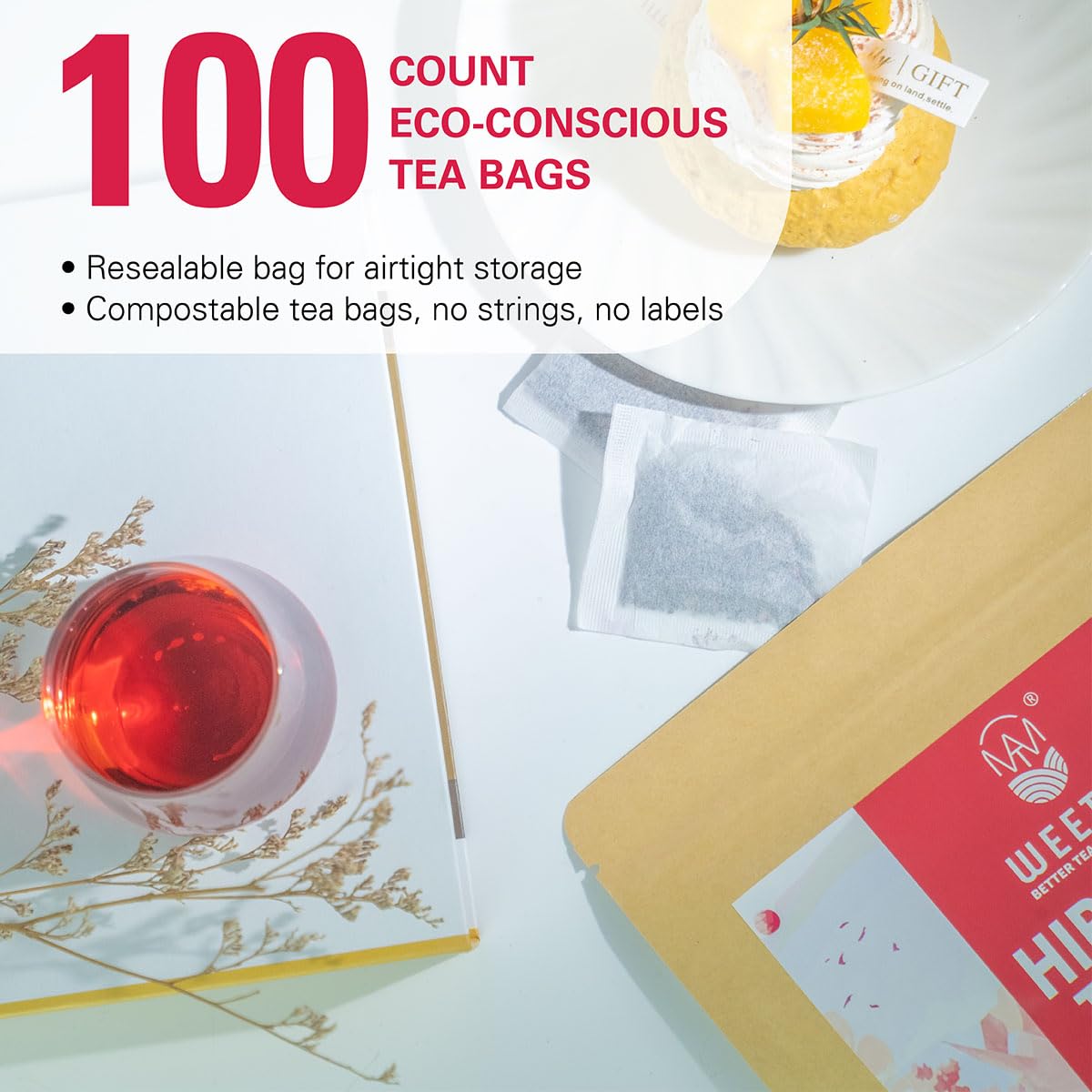WT WEETEE Hibiscus Tea Bags 100ct, Cold Brew Friendly Pure Hibiscus Flowers | Tangy &amp; Refreshing, 100% Dried Hibiscus Petals with No Additives, Caffeine-Free, Antioxidant-Rich Daily Tea for Hot or Iced