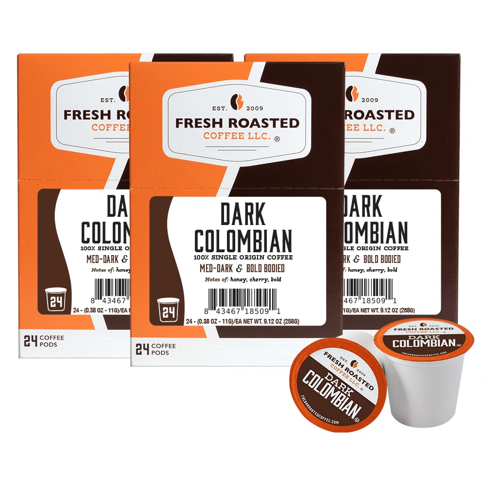 Fresh Roasted Coffee, Dark Colombian K-Cup Pods for Keurig Brewers, Med-Dark Roast, Kosher, 24 Count (Pack of 3)