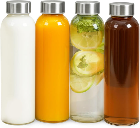 Epica Clear Glass Bottles with Lids, 18 oz Water Bottles, Steel Cap, 4-Pack | Reusable Travel-Friendly Juice bottles Rust-Resistant Durable Glass Stainless steel Air and Water Tight Lids 100% Leak Proof