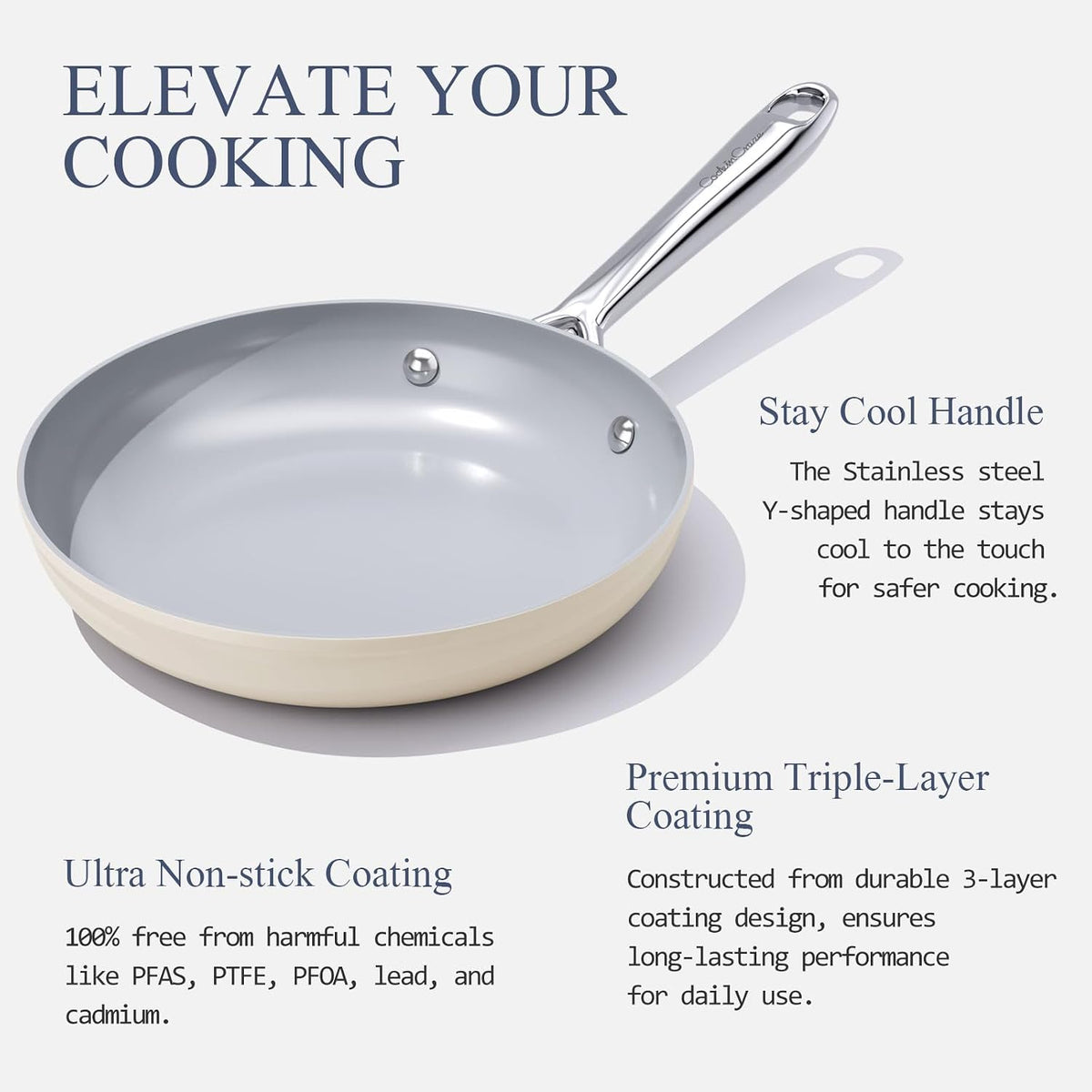 Nonstick Ceramic Frying Pan 10 Inch for Induction Cooktop - Non Toxic, PTFE/PFOA/PFAS Free, Oven & Dishwasher Safe up to 500°F - Non Stick Small Skillet with Stay-Cool Handle - Cream