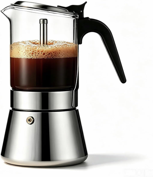 SIXAQUAE Stovetop Espresso Maker, Crystal Glass-top &amp; Stainless Steel Espresso Moka Pot,Classic Italian coffee maker（360ml）