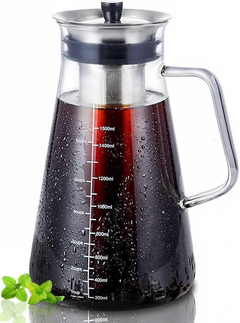Aquach 51oz Cold Brew Maker, Borosilicate Glass Iced Coffee Tea Pitcher | Dishwasher Safe, Up to 2 Weeks Freshness, Tapered Stability, Refrigerator Fit, 304 Stainless Filter