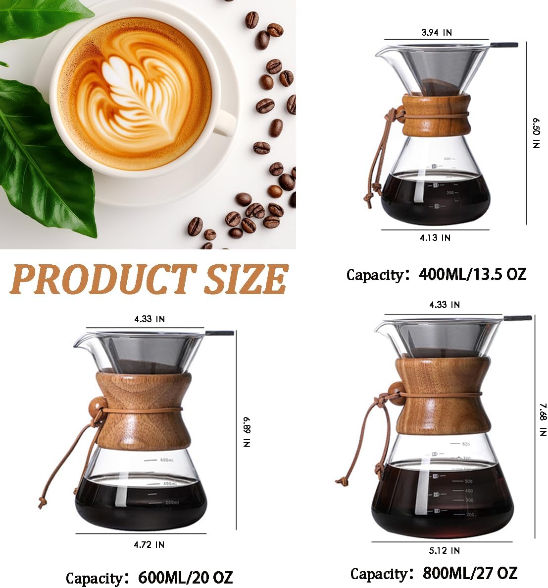 Pour Over Coffee Maker with Reusable Stainless Steel Drip Filter, Lead-Free Borosilicate Glass Coffee Carafe with Modern Wooden Collar for 1-6Cup, Circular Clear (800ml/27oz)