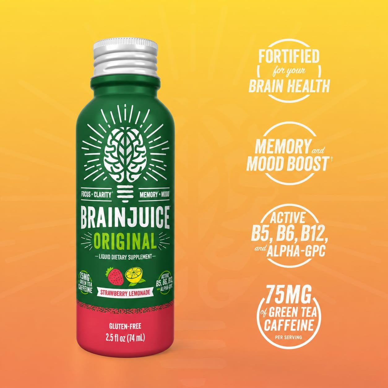 BrainJuice Strawberry Lemonade Nootropic Supplement Shot, 2.5 fl oz, 12 Pack