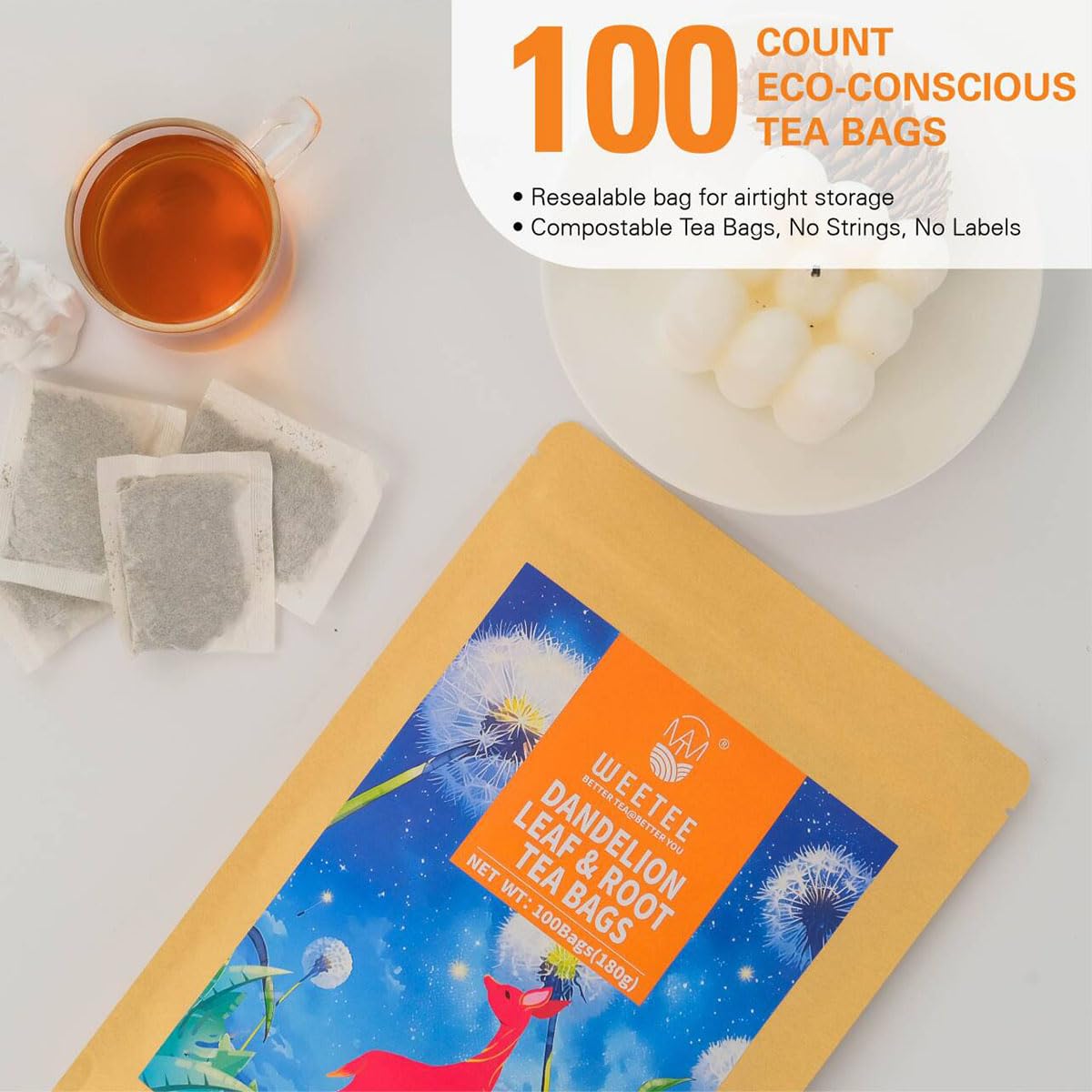 WT WEETEE Dandelion Leaf &amp; Root Tea Bags 100ct, Caffeine-free Roasted Aroma | 100% Pure Dandelion Leaf and Roasted Dandelion Root Blend | Soothing Coffee Alternative for Daily Wellness