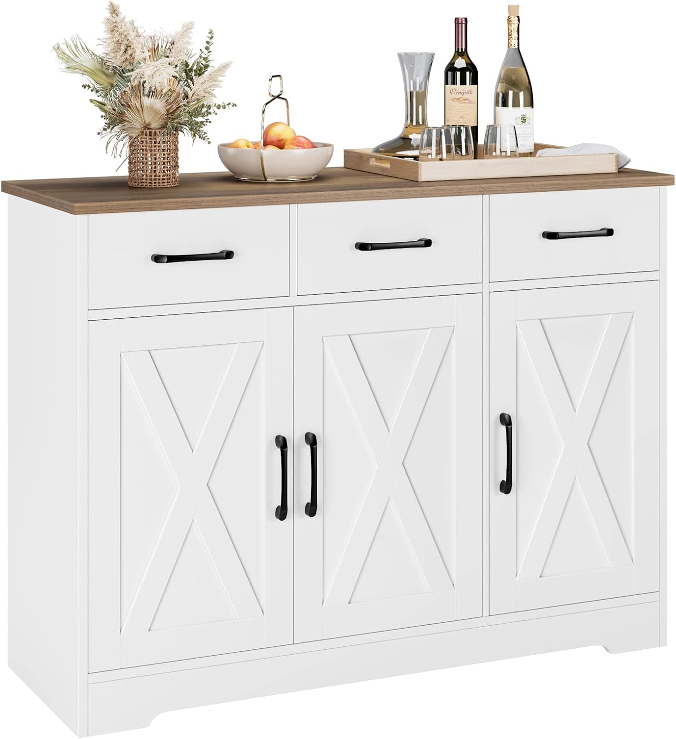 HOSTACK Kitchen Buffet Cabinet with Storage, Sideboard Coffee Bar, White | Farmhouse Kitchen Storage Cabinet with 3 Drawers &amp; Adjustable Shelf, 42.5"W Buffet Table for Dining Living Room