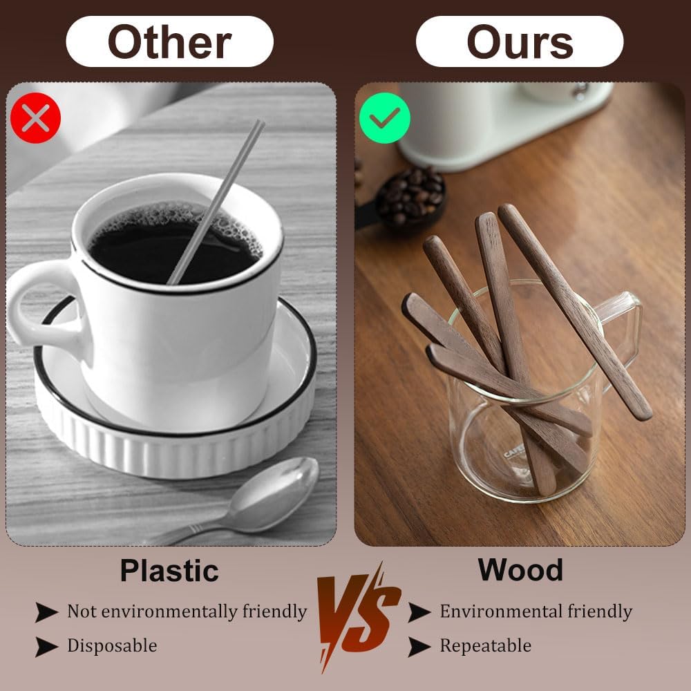 4Pcs Black Walnut Wood Coffee Stirrers 6″ Reusable Wooden Drink Stir Sticks for Coffee, Tea, Milk, Chocolate &amp; Jam Spreader