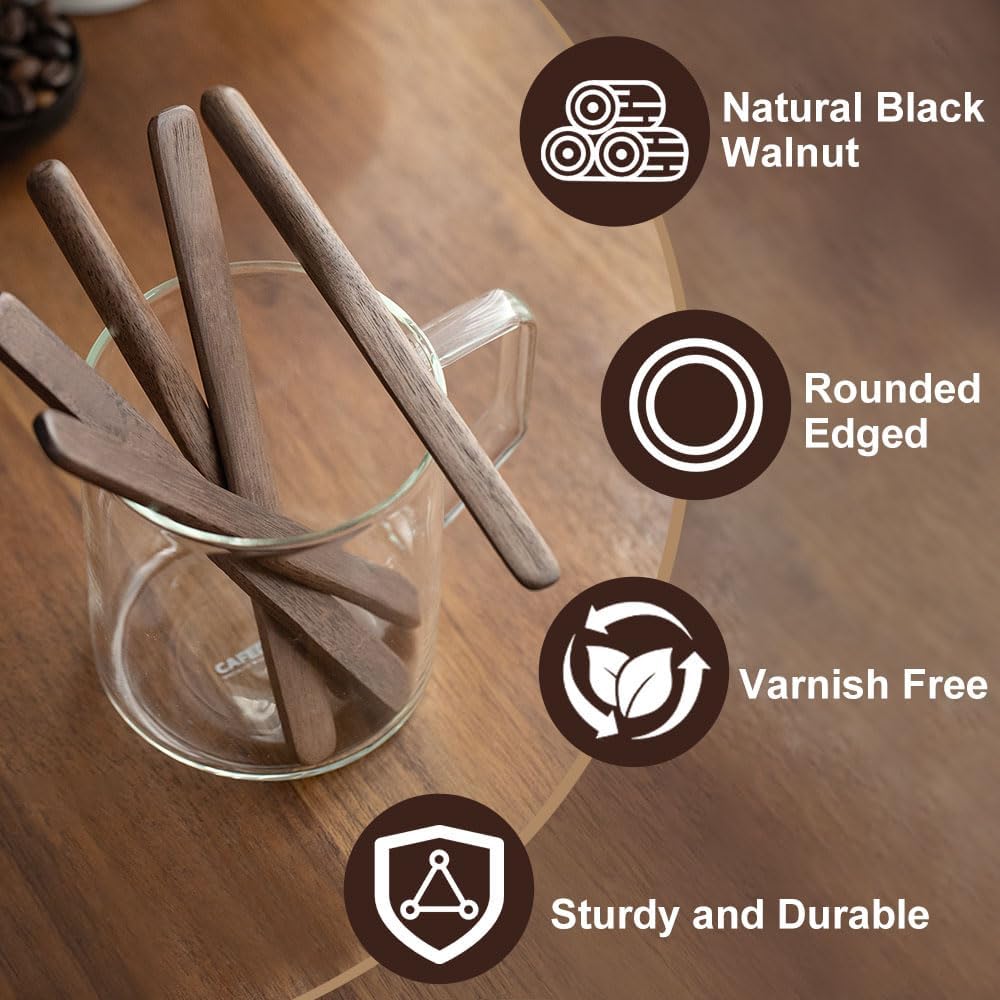 4Pcs Black Walnut Wood Coffee Stirrers 6″ Reusable Wooden Drink Stir Sticks for Coffee, Tea, Milk, Chocolate &amp; Jam Spreader