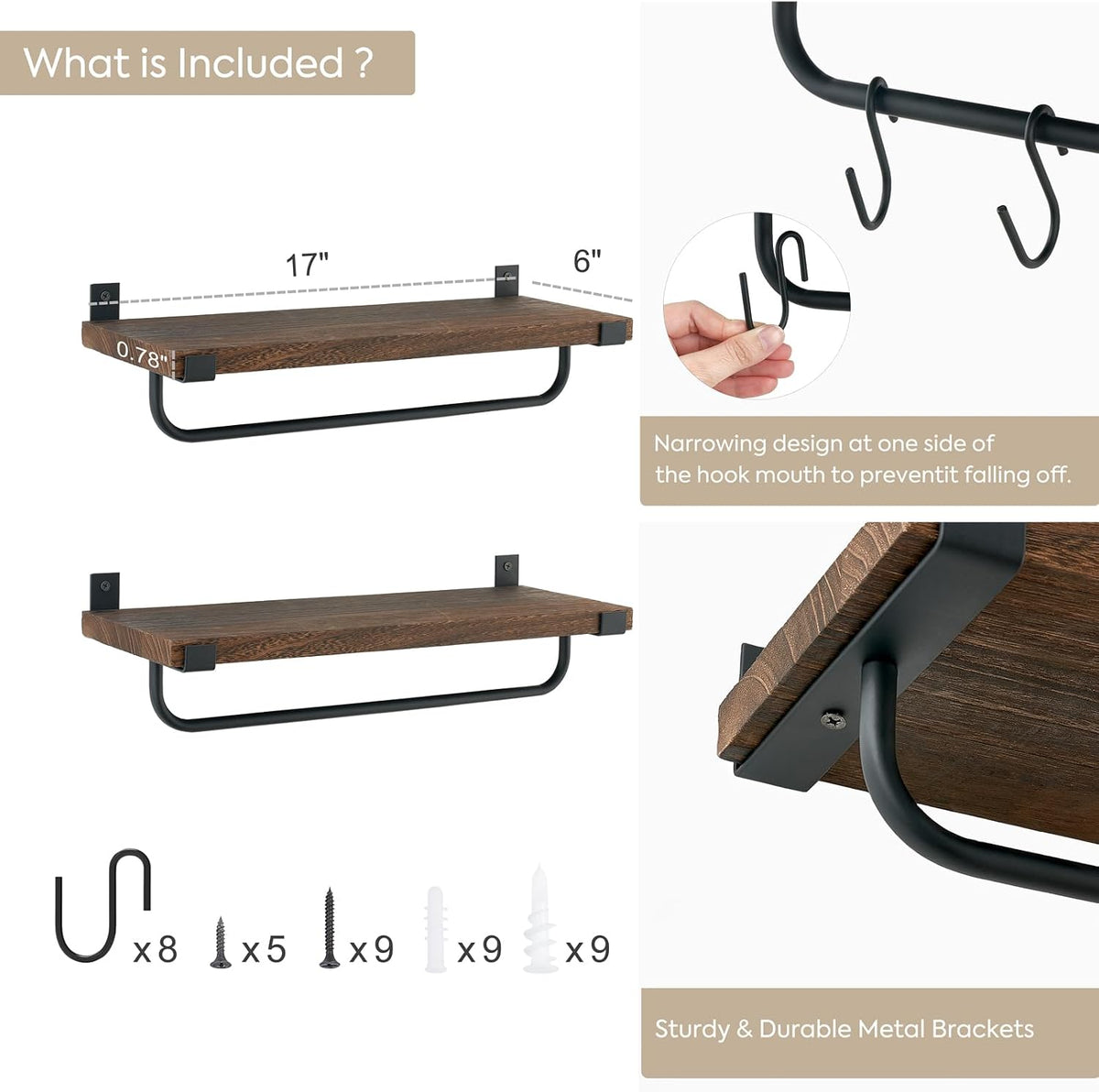 Mkono Coffee Bar Shelves, Wall Mounted Rustic Mug Rack with Hooks, 2 Pack
