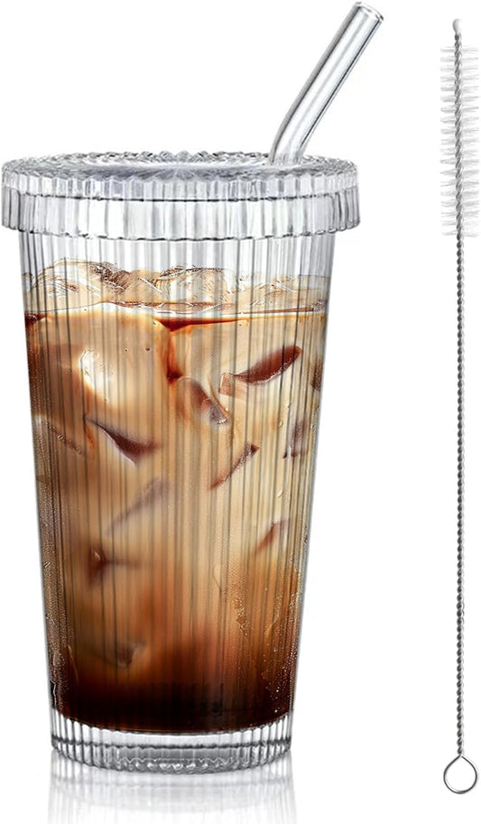 13oz Clear Iced Coffee Cups with Lids, Clear Glass Tumbler with Straw & Lid, Ribbed Glassware Cups, Dishwasher Safe Drinking