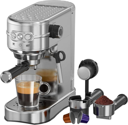 Espresso Machine - 20Bar Coffee Maker with Foaming Steam Wand: 1450W Compatible for Original Capsule & Ground, Single-Serve