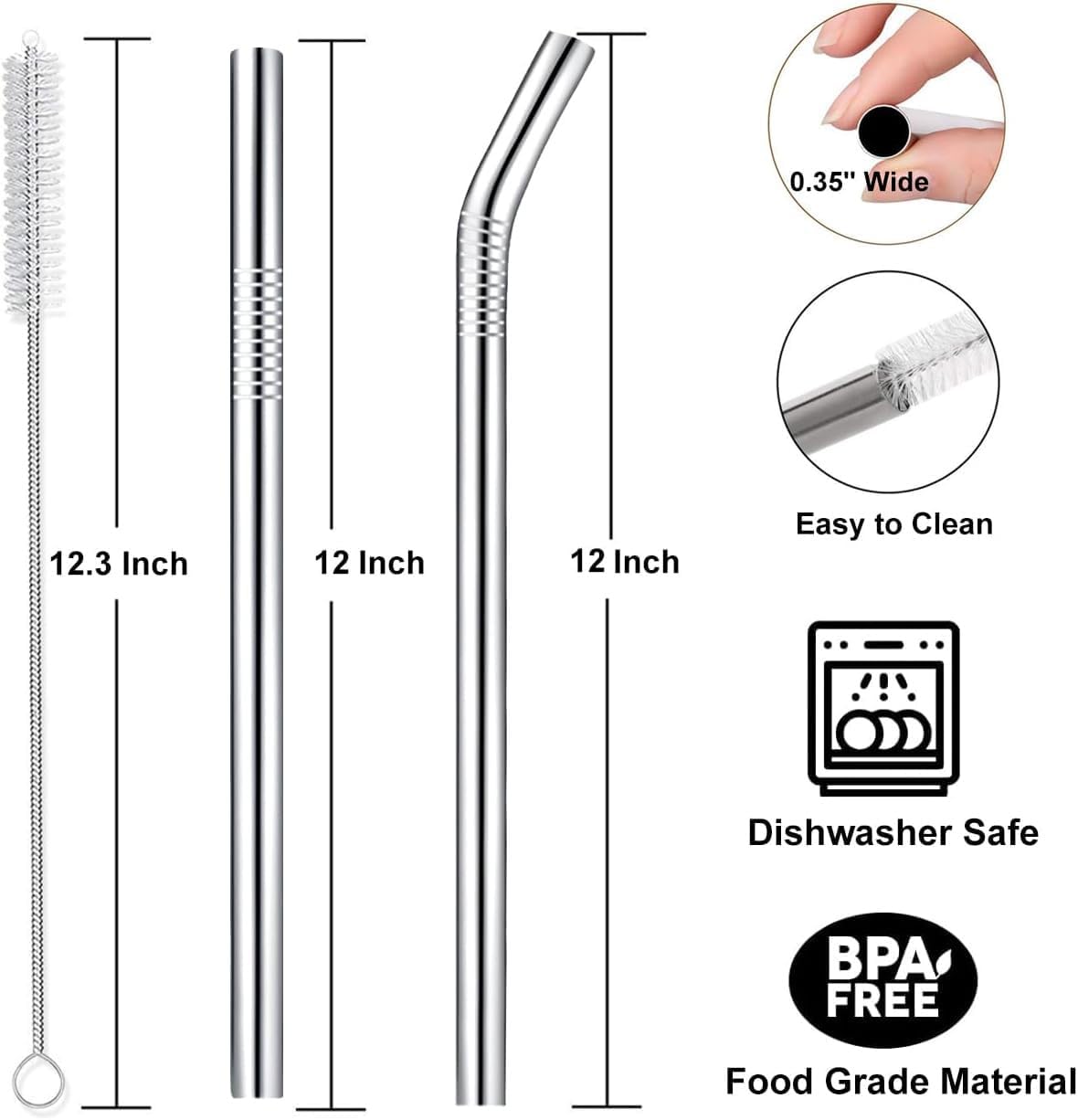 Vinaco 4 Pcs 0.35" Wide Bore Reusable Stainless Steel Metal Smoothie Straws