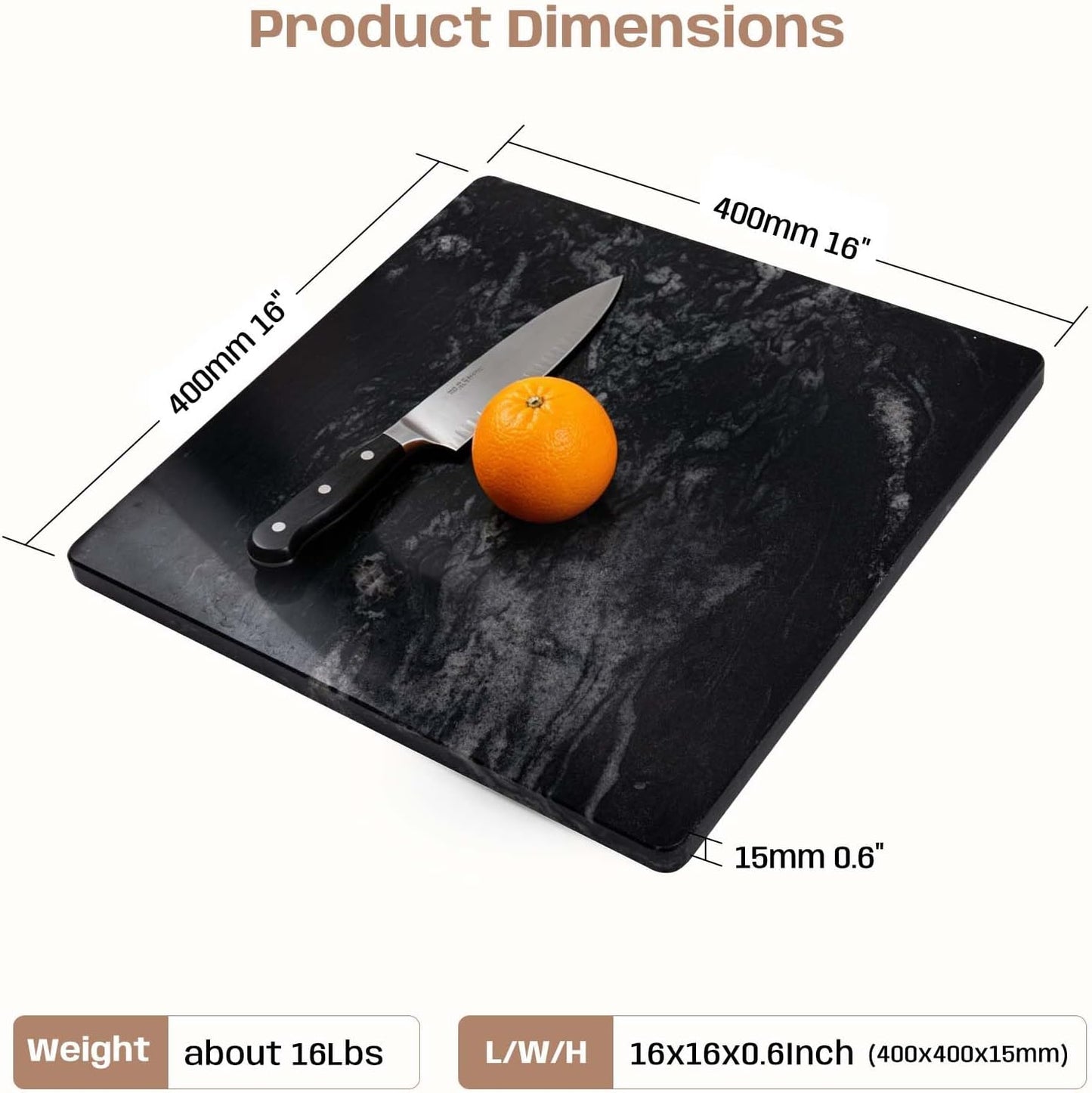 Black Marble Cutting Board, 16×16In Stone Cutting Boards for Kitchen | Marble Slab Pastry Board With Non-Slip Feet for Baking Cheese Charcuterie Dough - Wedding Gift, Easy Clean and Drain