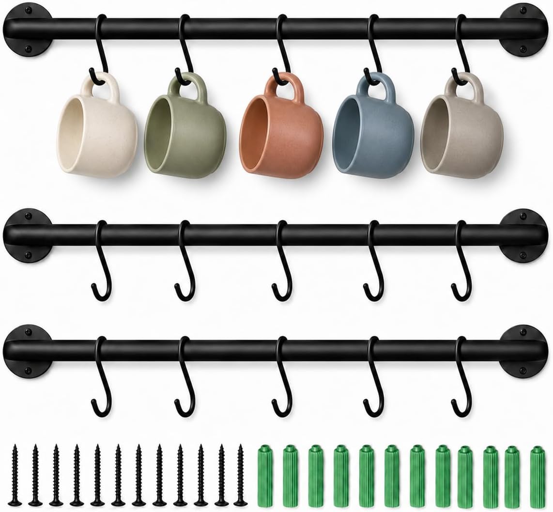 Coffee Mug Holder Wall Mounted, 3 Pack Coffee Cup Rack with 12 Removable Hooks, 16.5 Inch Metal Mug Hanger for Coffee Bar, Kitchen and Dining Room, Black