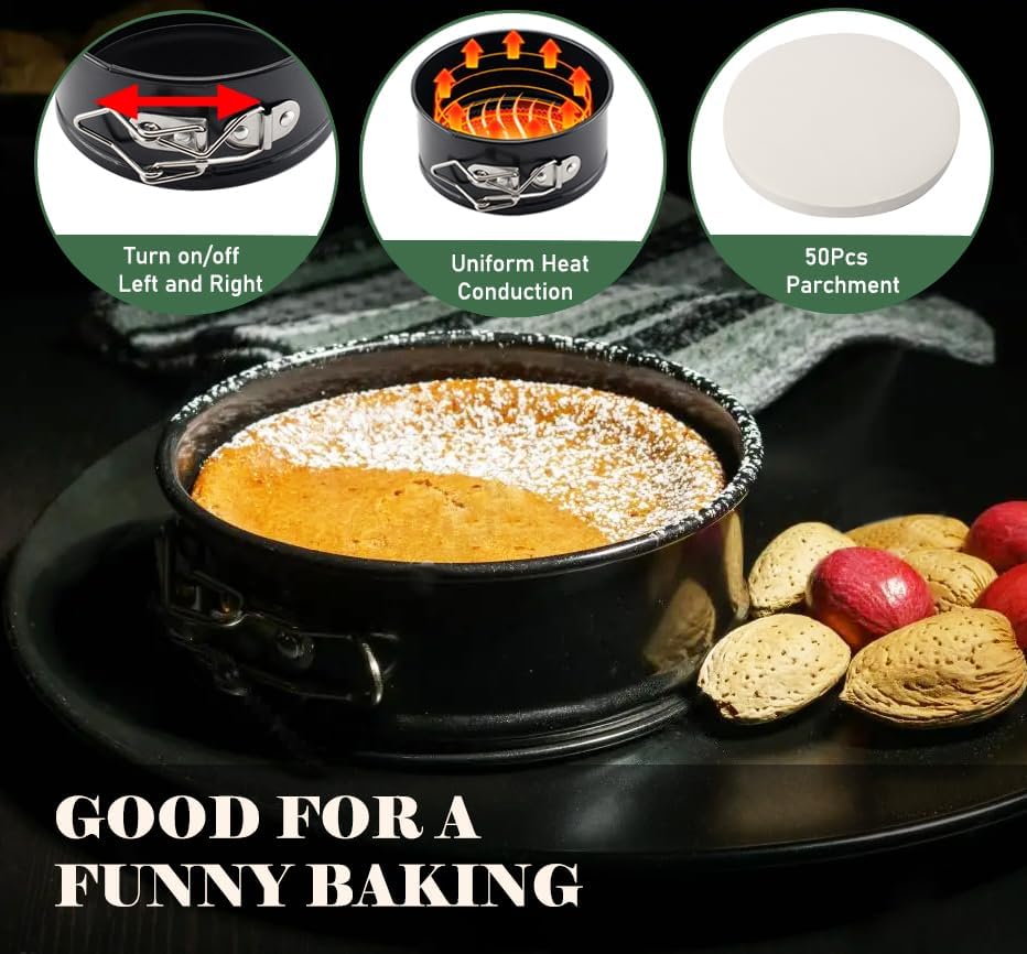 4 Pack Small Springform Cheesecakes Pan 4 Inch Mini 50Pcs Parchment Paper | Carbon Steel Cake Round Tins Leakproof Nonstick Removable Bottom Bakeware for Pie Pizzas and Quiches Baking Mold Set