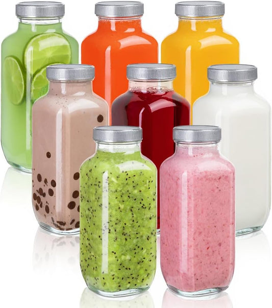umud Juice Bottles with Lids, 16 Oz - Set of 8 - Clear Glass Jars with Caps - Reusable Empty Drink Containers for Juicing, Smoothies, Water, Milk, Kombucha Storage, Wellness Shots and More (8)