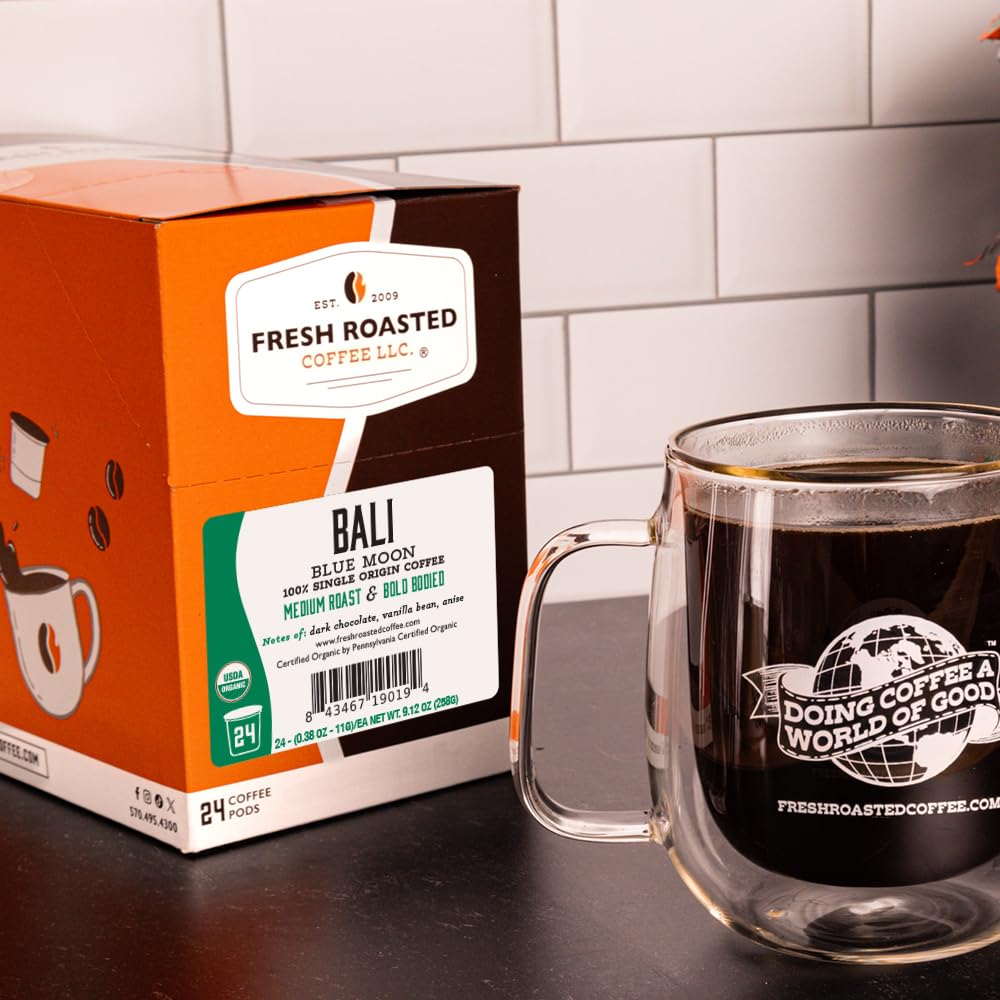 Fresh Roasted Coffee, Organic Bali Blue Moon K-Cup Pods for Keurig Brewers, Medium Roast, USDA Organic, Kosher, 24 Count (Pack of 3)