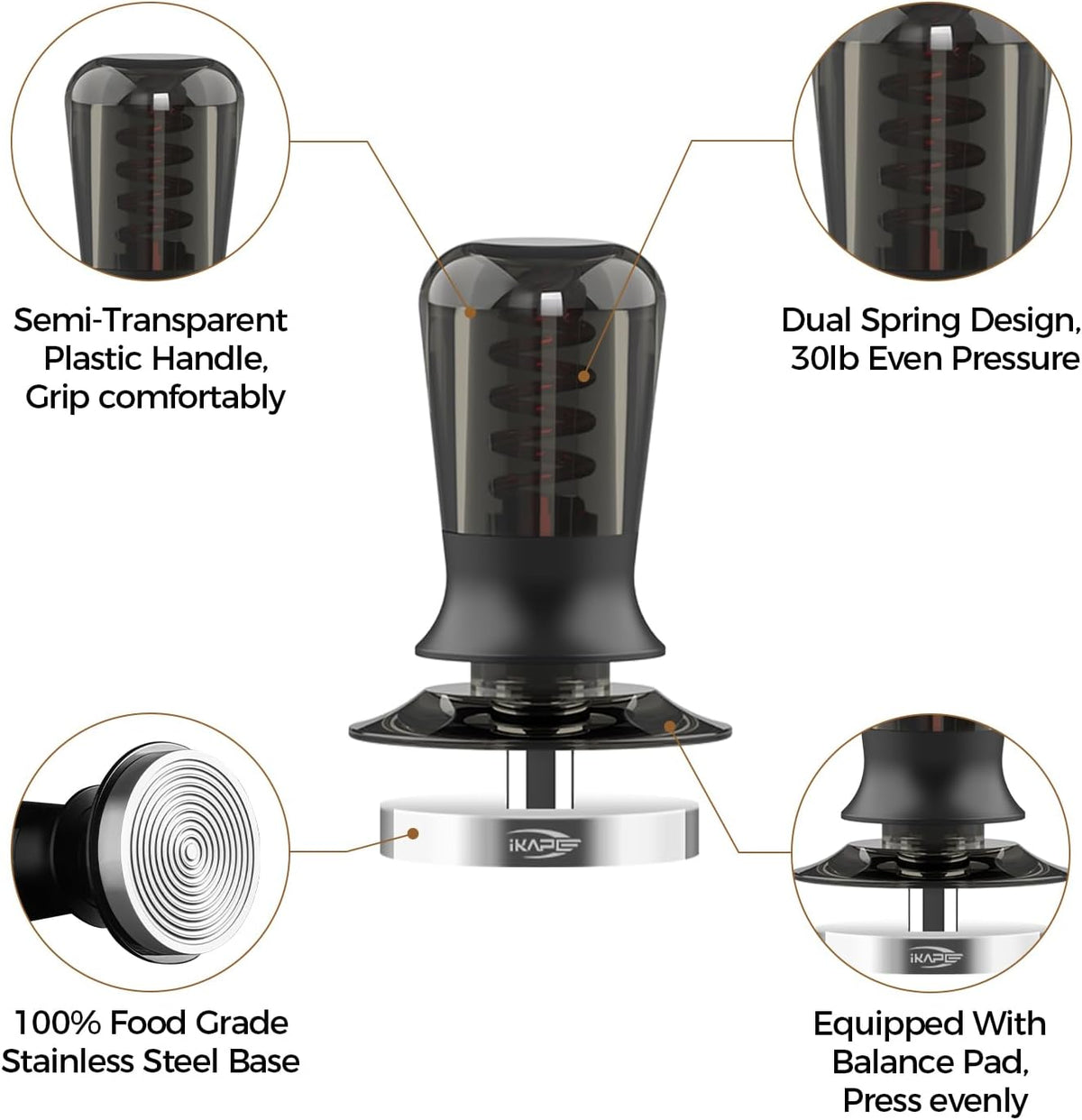 IKAPE 58.35mm Semi-Transparent Espresso Coffee Tamper, Premium Barista Coffee Tamper with Calibrated Spring Loaded, Threaded Stainless Steel Base Tamper for Espresso Machine(New Upgrade)