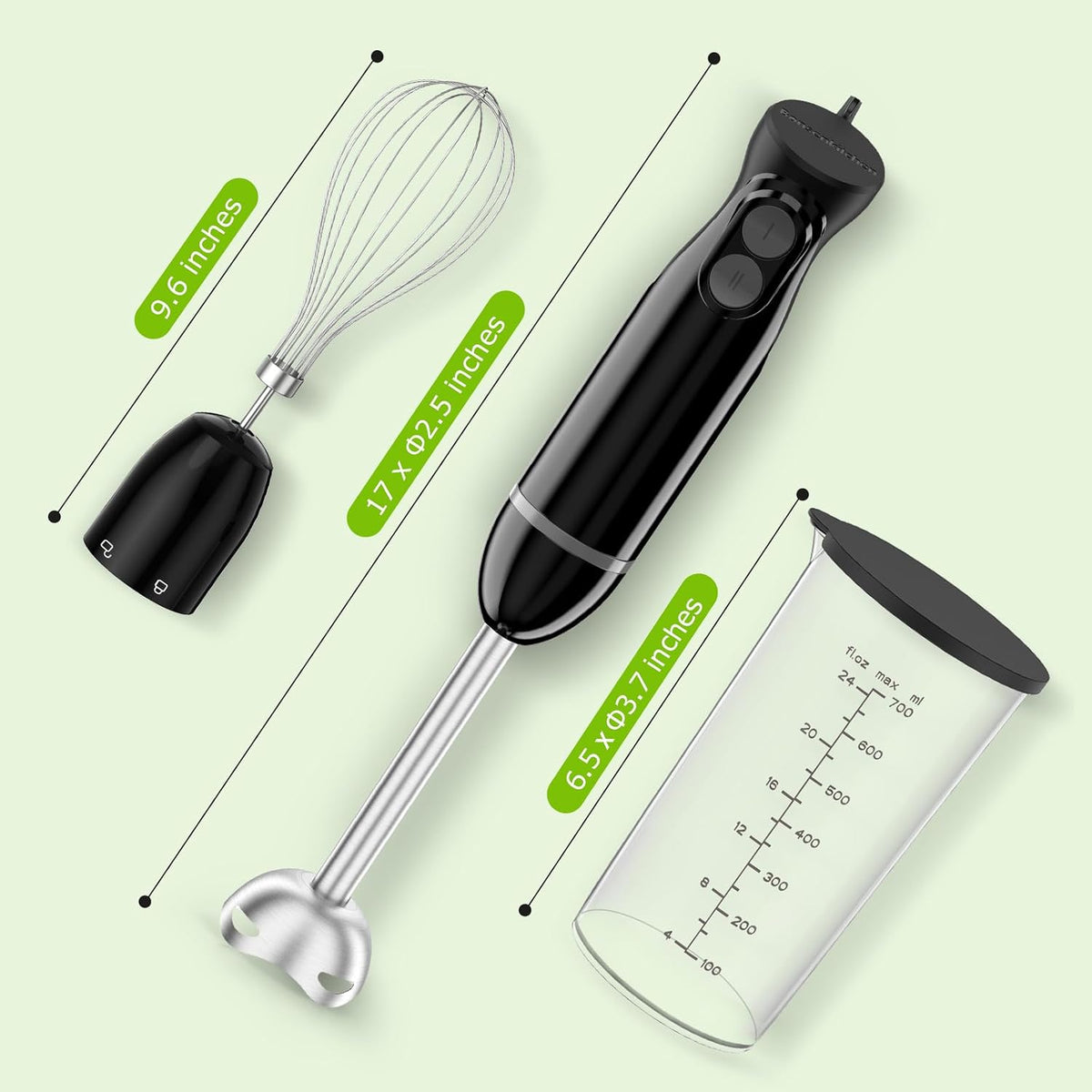 Bonsenkitchen 3-in-1 Immersion Blender Handheld with 2 Mixing Speed | Hand Blender with Egg Whisk &amp; 24oz Beaker, Stainless Steel Blade, Portable Stick Mixer for Smoothie, Soup, Baby Food