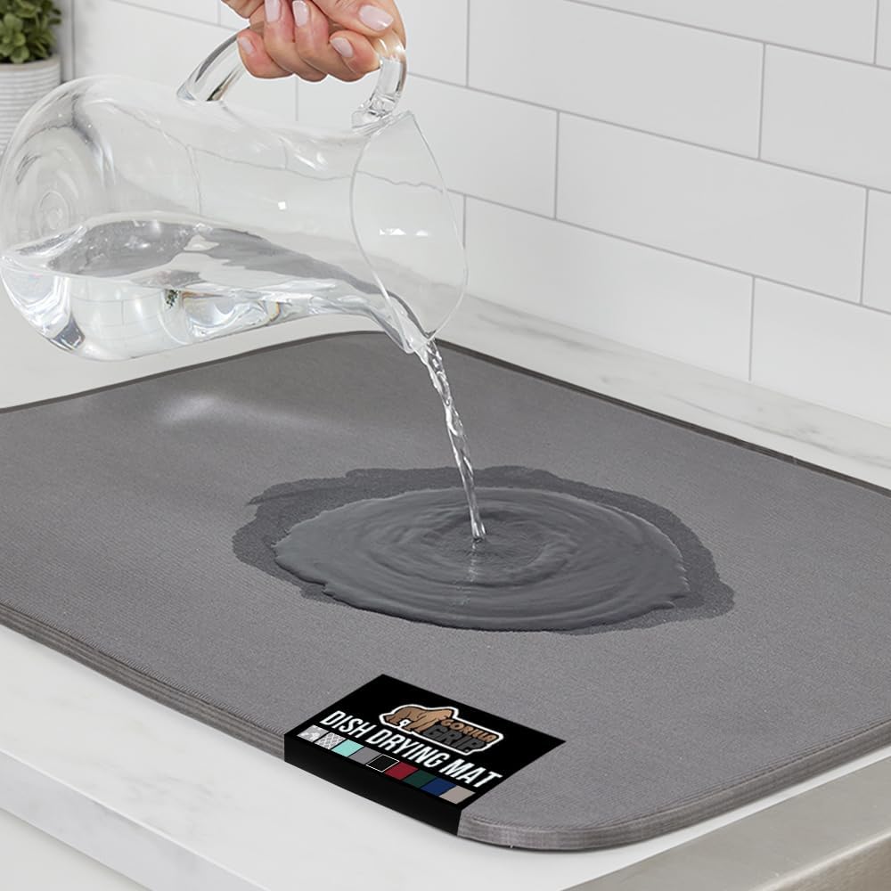 GORILLA GRIP Ultra Water Absorbent Microfiber Dish Drying Mat, 18x24, Quick Dry Thick Mesh, Slip Resistant Pad for Sink Dishes or Under Rack, Kitchen Counter Accessories, Machine Wash Mats, Gray