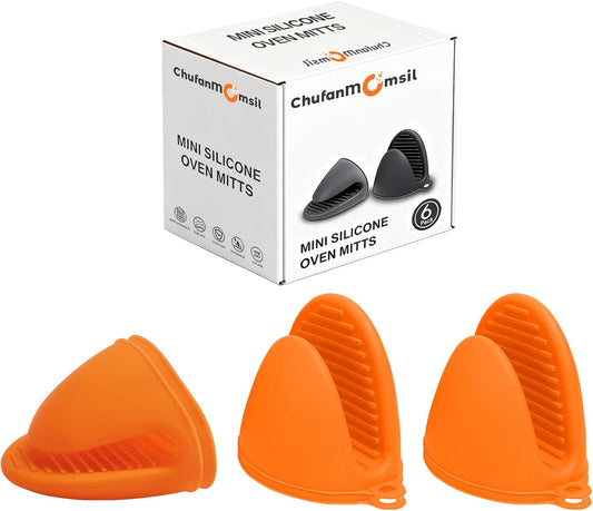 Oven Mitts Silicone Pot Holders Set Heat Resistant for Kitchen - ChufanMomsil 6 PCS Mini Silicone Oven Gloves Kitchen Mittens, Short Pot Pinch Grips for BBQ &amp; Baking, Orange