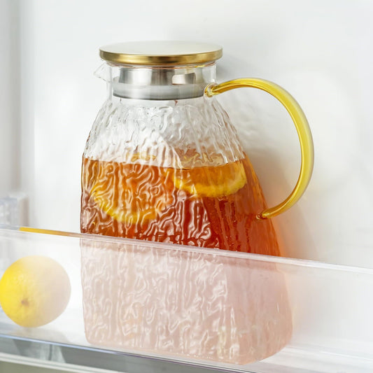 Baffect Water Pitcher Glass Jug With Lid and Spout(Glacier-Textured) | 63oz High Borosilicate Glass Pitcher With Gold Handle, Fridge Door Carafe For Hot Cold Drink, Mlik, Juice, Ice Tea, Lemonade