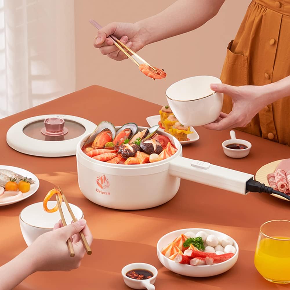 Drizzle Electric Hot Pot Cooker 1.7L Mini Skillet NonStick Coating Stir Fry Food Maker 110V Portable Cookerware Dorm Cooking With Steamer for Personal Ramen Boiling Steak Egg Oatmeal Soup Shabu
