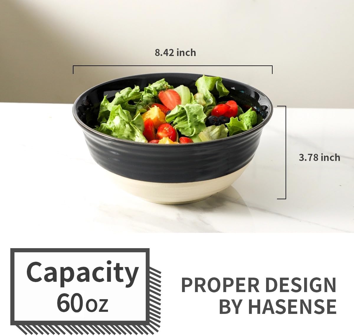 HASENSE Large Porcelain Serving Bowls Set of 2, 60 Oz 8.5 Inch Black &amp; Beige Stoneware Mixing Bowls, Farmhouse Bowls for Salad, Soup &amp; Pasta, Dishwasher &amp; Microwave Safe