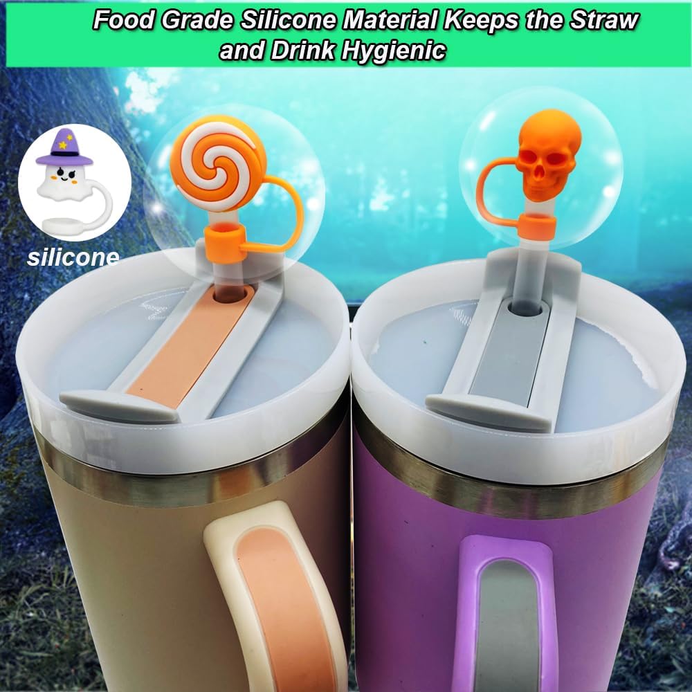 9PCS 3D Halloween Straw Toppers for Stanley Cup, Cute Silicone Skull Ghost Straw Covers Cap Compatible with 30&amp;40oz Tumbler with Handle,10mm 0.4in Dust-Proof Reusable Tips Lids for Halloween Gifts