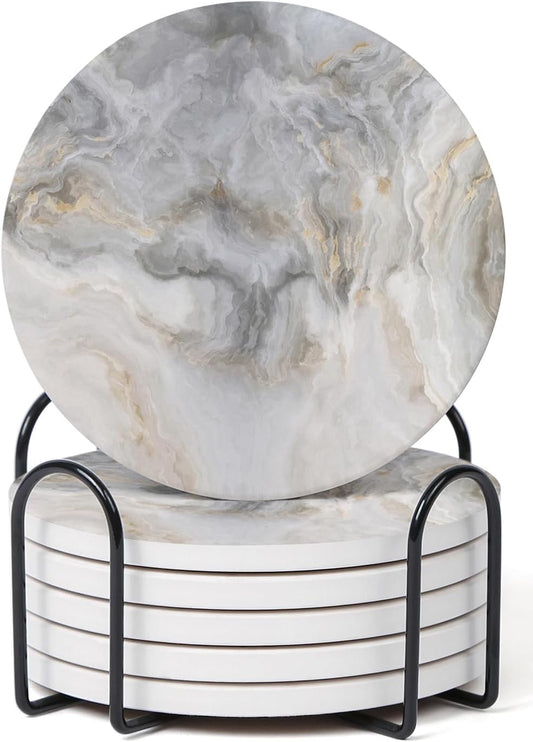 Set of 6 Abstract Gray White Marble Coasters with Holder, Absorbent Ceramic Coasters for Drinks, Coasters with Cork Backing