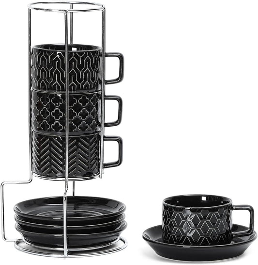 Sureasy Ceramic Espresso Cups Set of 4 – 4 oz Black Stackable Cappuccino Cups with Saucers and Metal Stand, Embossed Mugs