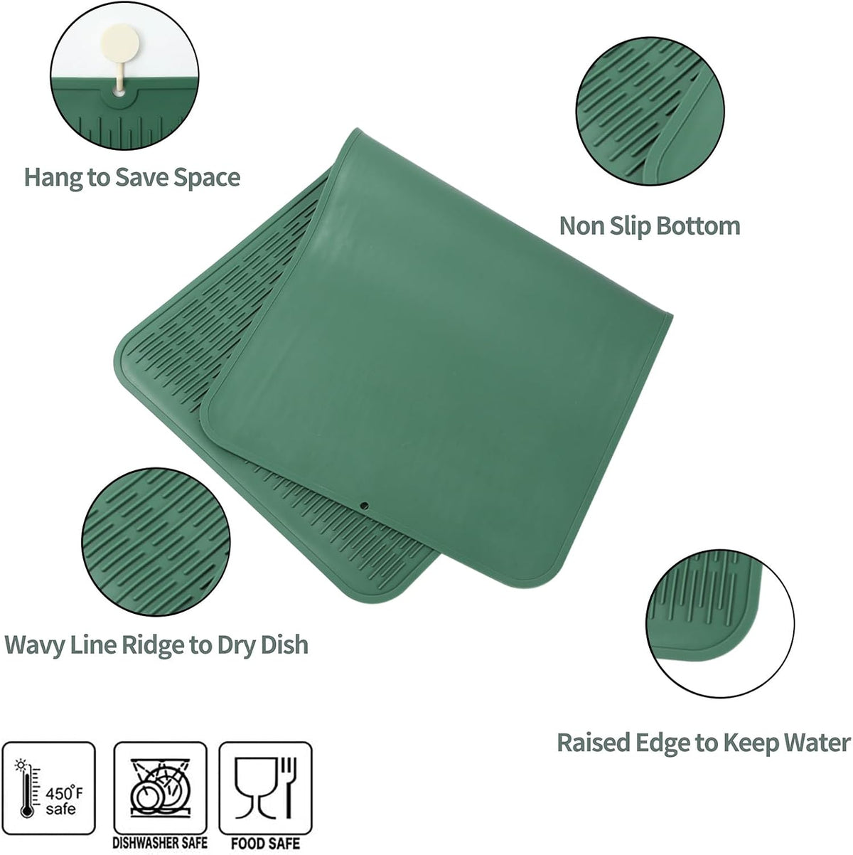 Silicone Dish Drying Mat for Multiple Usage,Easy clean,Eco-friendly,Heat-resistant Silicone Mat for Kitchen Counter or Sink,Refrigerator or Drawer Liner Green 5XL 36inches x 18inches