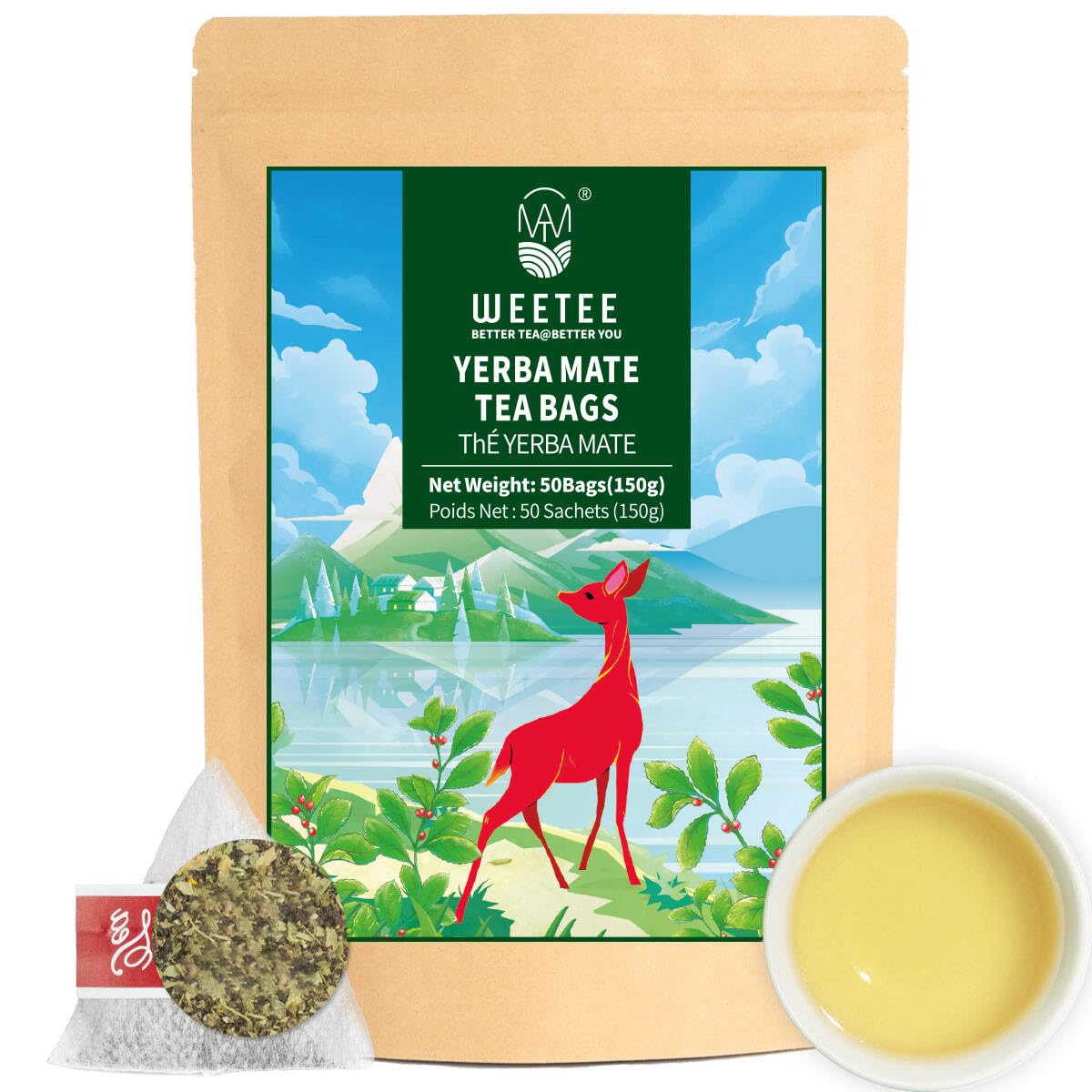 WT WEETEE Yerba Mate Tea Bags 50 Count, Unsmoked, Corn Fiber Pyramid Bags | 100% Natural Yerba Mate from Argentina | Smooth, Robust &amp; Balanced Flavor Perfect Coffee Replacement, Hot or Iced
