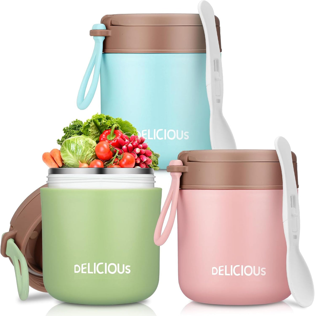 3 Pack Insulated Food Jar Set for Kids 15.2 oz Vacuum Insulated Hot or Cold Lunch Container Stainless Steel Soup Jar Leakproof Wide Mouth with Lid Folding Spoon for School Office Picnic