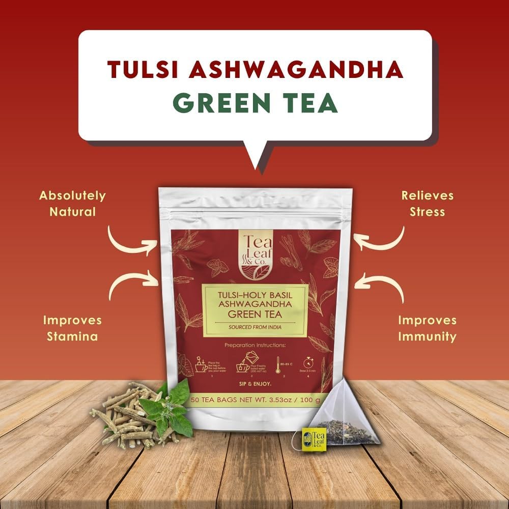 Tulsi Ashwagandha Green Tea 3.5oz, Natural Herbal Infusion, 50 Tea Bags