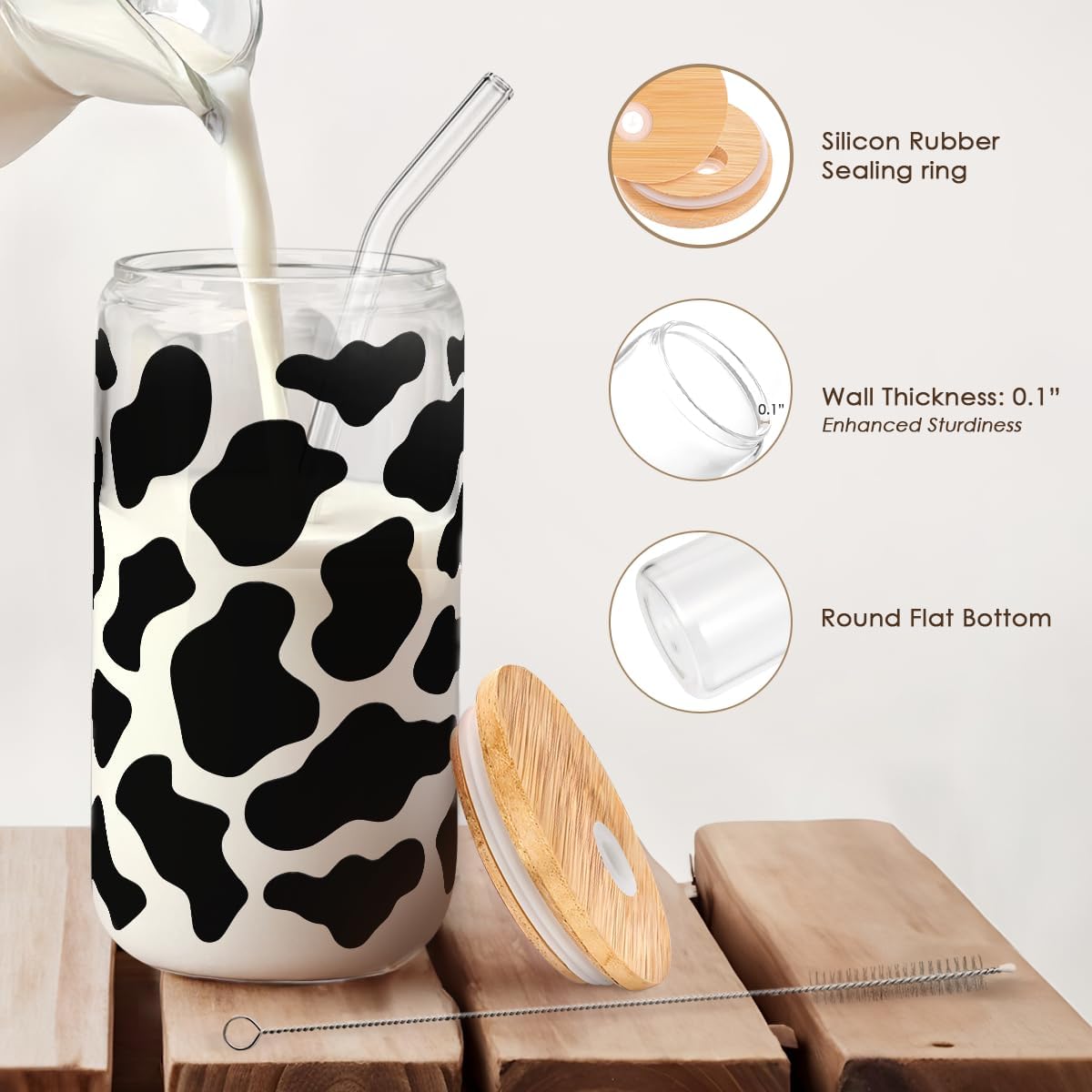 SANDJEST Cow Glass Can, Cow Prints Cup with Lid &amp; Straw, Iced Coffee Aesthetic Cups, Idea Gift for Christmas Birthday Mother Day, Gifts for Women, 16oz