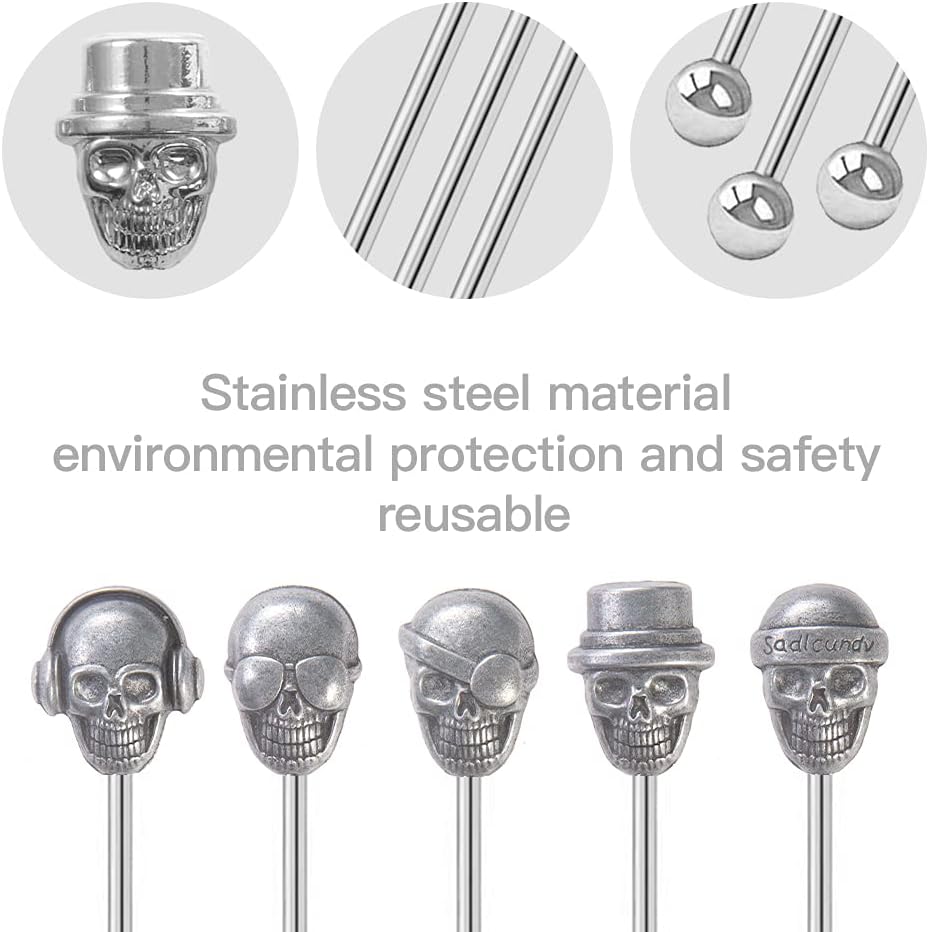 5Pcs Skull Shape Drink Swizzle Sticks Skull Cocktail Stirrer Ancient Silver