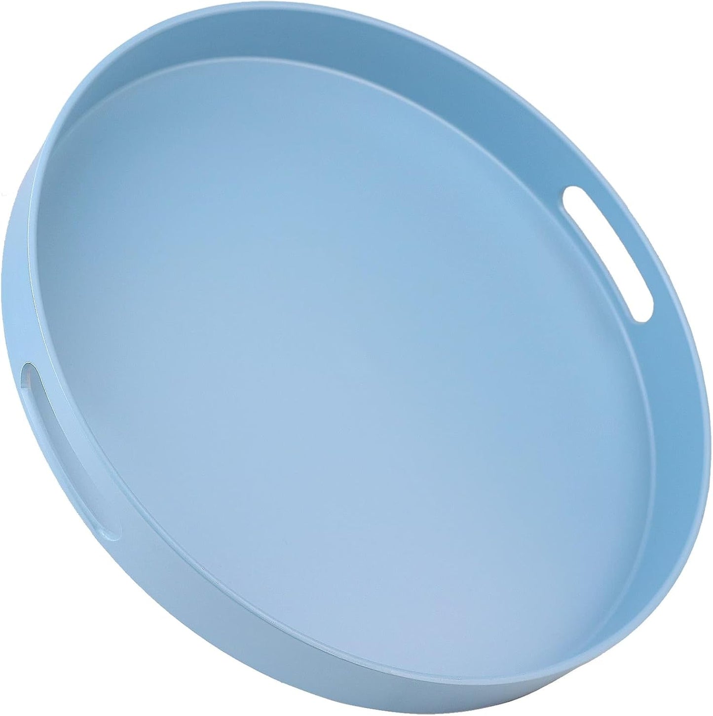 Round Blue Decorative Serving Tray with Handles, 13” Versatile Ottoman Tray for Coffee Table, Entert