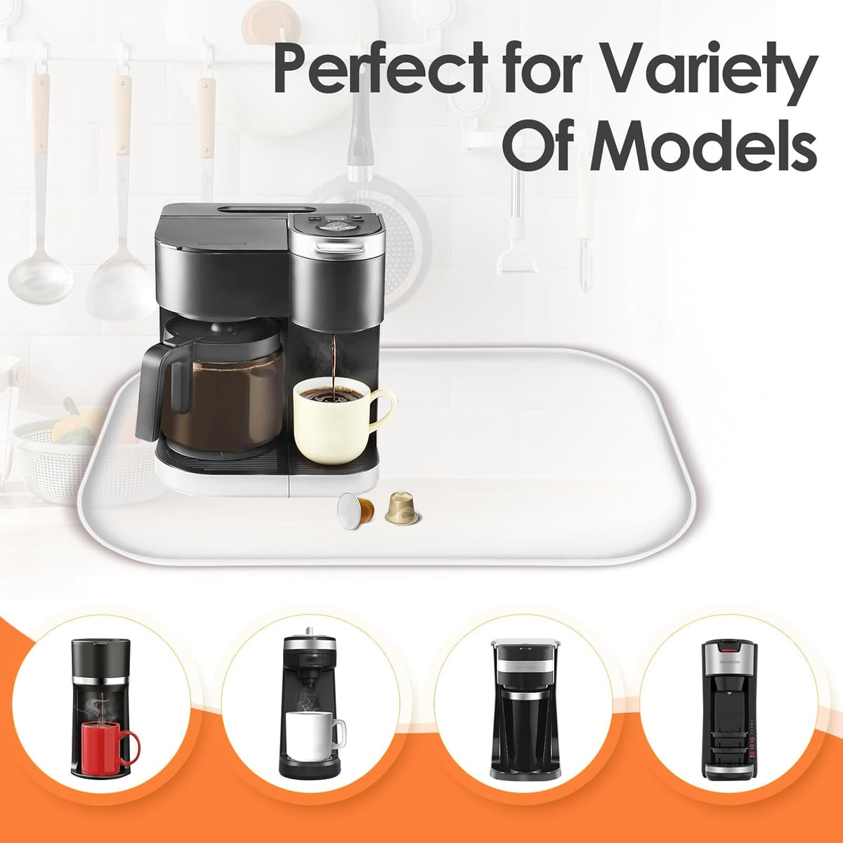 Silicone Coffee Maker Mat with Lip, 24'' x 16'' Heavy Duty Coffee Maker Mat for Countertops, Coffee Tray Fit Under Coffee Machine Appliance Automatic Machines Espresso Accessory, Translucent