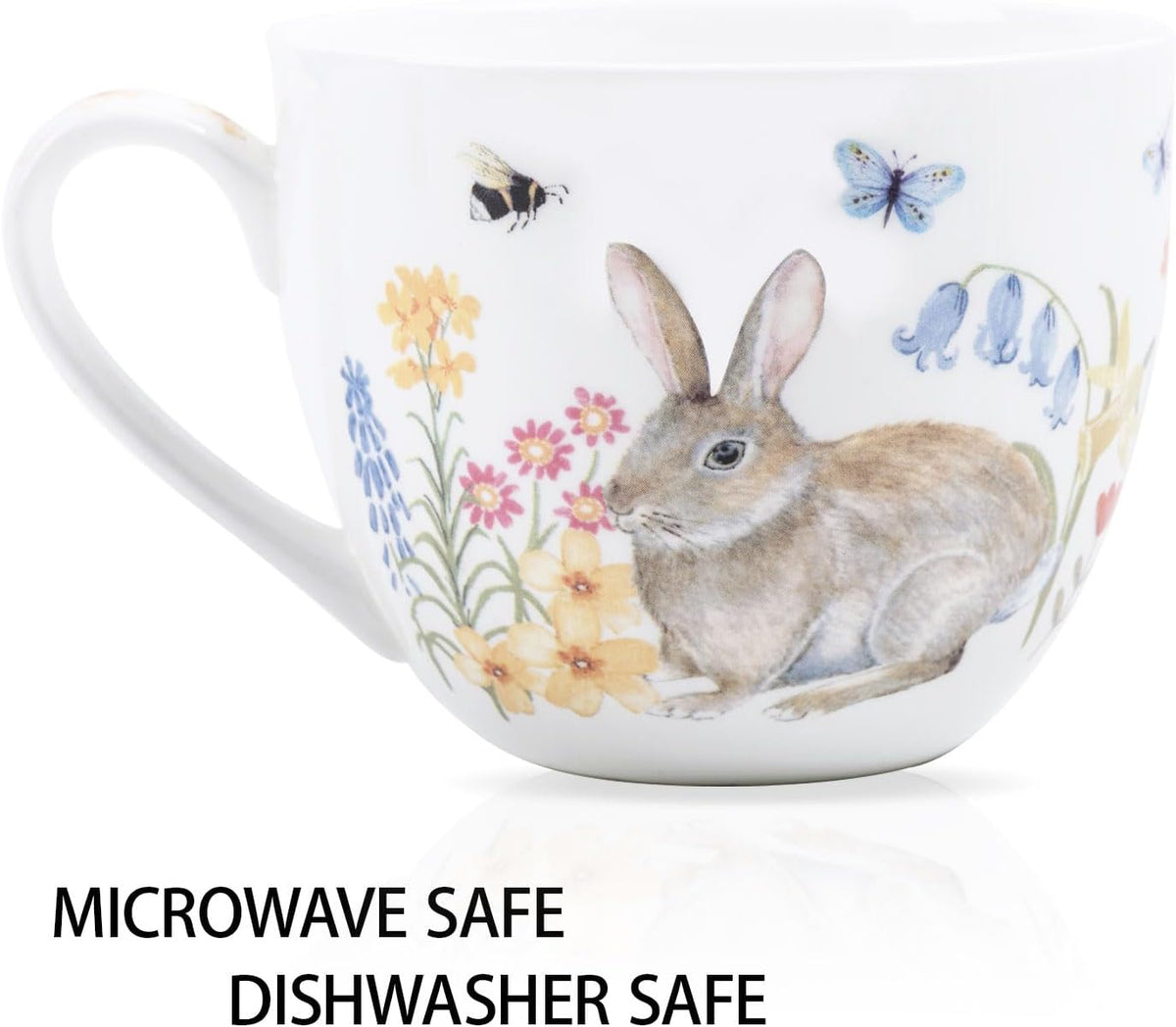 20 oz Bunny Coffee Mug with Spring Flowers &amp; Happy Days Slogan, Premium Bone China Rabbit Coffee Cup, Cute Garden Gift for Women, Family&amp;Friends, Designed in England by Harvest Green Studio