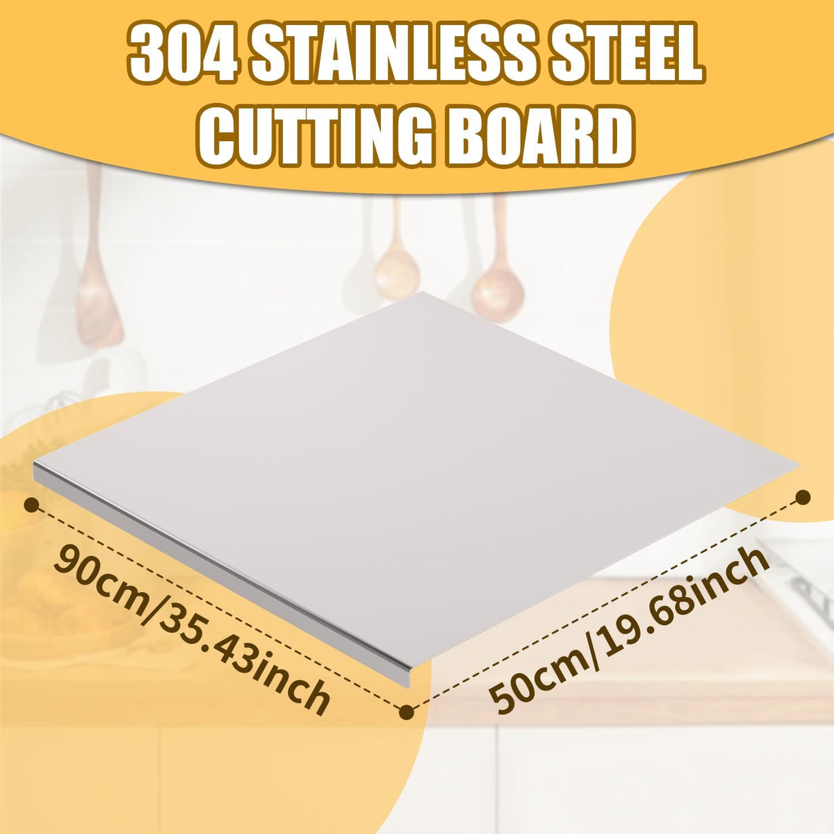Nisorpa Stainless Steel Cutting Board with Lip Chopping Board 35.4"Lx19.7"W | Heavy-duty metal chopping board with rolling pin, pastry kneading dough board, safe rounded edges for baking prep, stove.